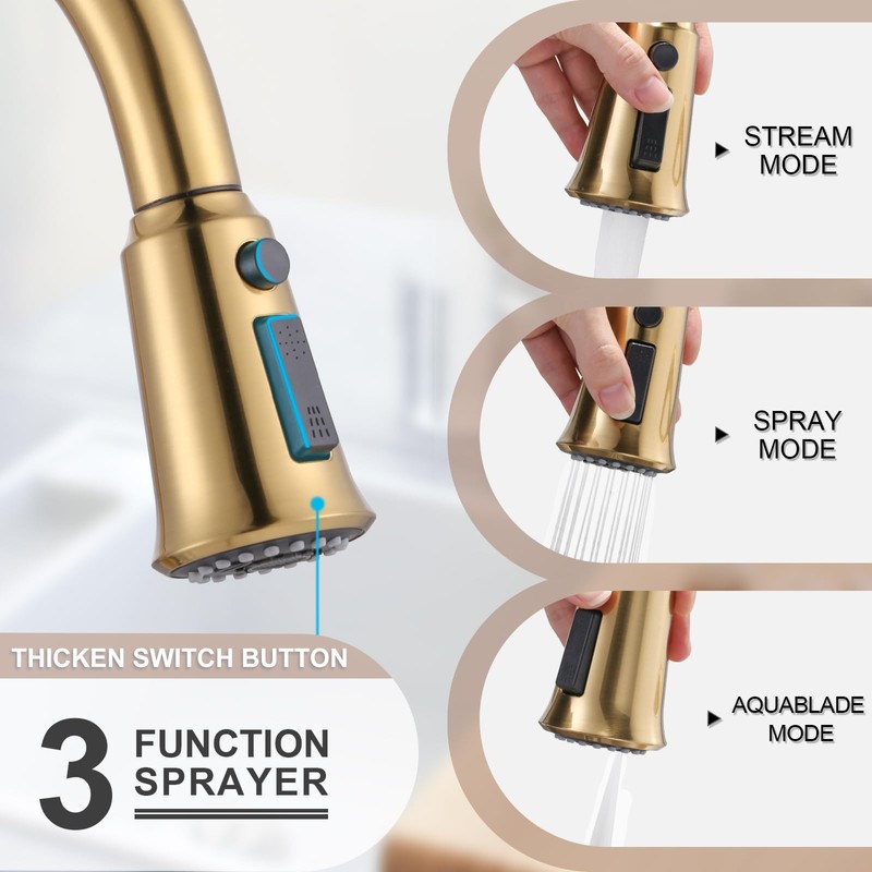 WOWOW Kitchen Faucet with Sprayer,Gold Single Handle High Arc Stainless