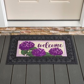 Evergreen Sassafras Hydrangea Welcome Interchangeable Entrance Doormat | Indoor and Outdoor | 22-inches x 10-inches | Non-Slip Backing | All-Season | Low Profile | Home Décor