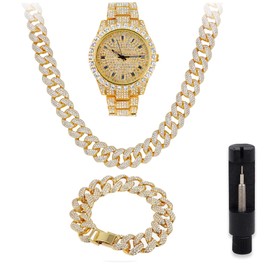 Techno Pave Mens Iced Out Metal Band Watch & Bling-ed Out Jewelry Set - Baguette Gold Watch