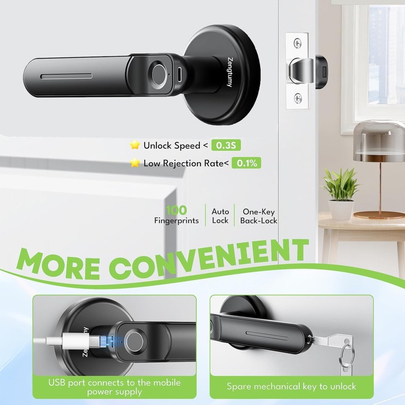 Zengtumy Keyless Entry Door Lock with Fingerprint/Key-Smart Door Lock for