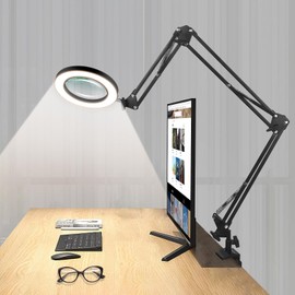 NOEVSBIG Lámpara de escritorio con lupa de 3 secciones y abrazadera grande, lupa con luz y soporte, lupa de escritorio amplia de 10X para...