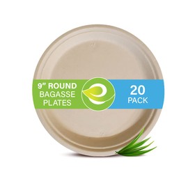 ECO SOUL 100% Compostable, Disposable Bagasse Paper Plates | Heavy-Duty Eco-friendly Dinner Plates | Sturdy, Microwave & Oven Safe | Party, Wedding, Event Plates (20 Count, 9" Round Plates)