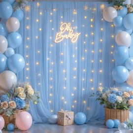 10x8ft Baby Blue Tulle Backdrop Curtains with Lights for Party Wedding Baby Shower, Sheer Drape Backdrop Curtains for Birthday Party Photo Booth Background Decoration