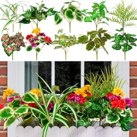 Artificial Plants Outdoor Greenery Stems, 14PCS Faux Greenery Bushes UV Resistant Plastic Shrubs with Real Touch Flexible Leaves, Fake Plants for Planter Garden Patio Porch Window Box Fence Yard Decor