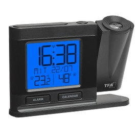 TFA Dostmann 60.5017.01 Radio-Controlled Projection Alarm Clock with Power Supply Including Thermo-Hygrometer Dimmable Bedroom Clock Black (L) 149 x (W) 38 x (H) 104 mm