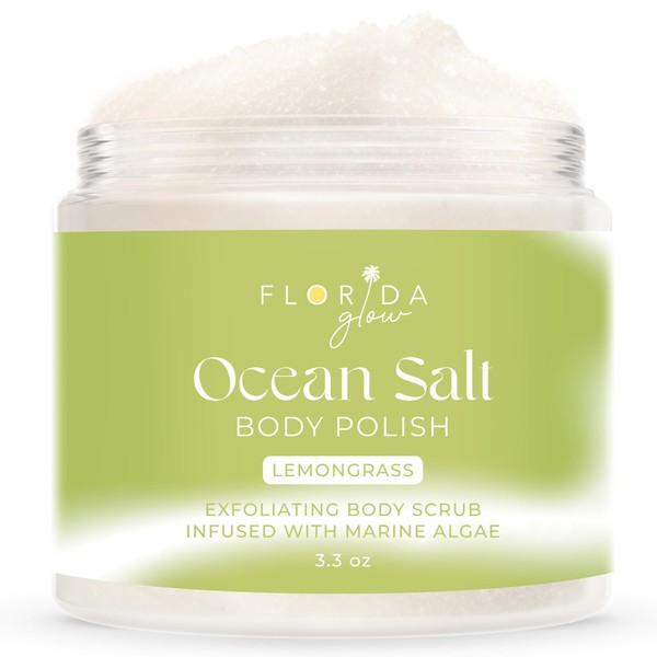 Sea Salt Body Scrub by Florida Suncare - Ocean Salt Body Polish Infused with Marine Algae - Exfoliating Face and Body Scrub - Facial Scrub Exfoliator to Tackle Acne (Lemongrass, 3.3 oz)