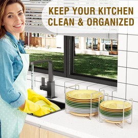 Piconico Plate Holder for Kitchen Drawers - Bamboo Dish Racks for Kitchen Counter 2Pcs Small - Adjust 6.75" to 8" Stainless Steel Plate and Bowl Organizer for Cabinet, RV, Countertop