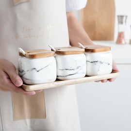 MIATTCLD Ceramic Salt and Sugar Container Set with Wooden Tray, 3pcs Porcelain Seasoning Jars with Lids and Spoons, Condiment Pot Pepper Spice Storage Canister for Home Kitchen Counter