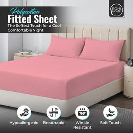 Rohi® Double Fitted Sheet with Two Pillowcases – 25cm Depth – Pure Polycotton Plain Bedding (Double Fitted Sheet & Pillowcases, Pink)