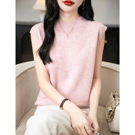 Chanyarn Women's 100% Merino Wool Spring Fall Winter First-Line Ready to Wear Mock Neck Seamless Knit Sleeveless Sweater Vest (Pink,M)