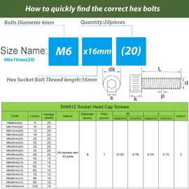 AMLOOPH M6 Screws, M6 X 16mm Allen Socket Head Cap Screws/Bolts - 6mm Diameter Fully Threaded M6 Bolts 16mm A2 Stainless Steel Long Hex Socket Bolt Coarse (Pack Of 20）