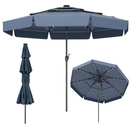 Tangkula 10 FT Solar LED Patio Umbrella, 3-Tiers Scalloped Outdoor Table Market Umbrella with 32 LED Lights, Tilt Adjustment, Crank, 8 Sturdy Ribs for Pool, Deck, Backyard (Navy)