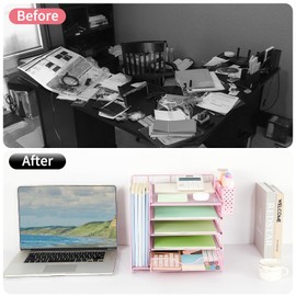 OUTIOE Desk Organizer with Drawer and Pen Holder, 5-Tier Paper Letter Tray Organizer with File Holder, Suitable for Workspace Organizer Office Supplies Storage (Pink)