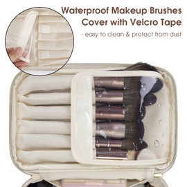 Makeup Bag Travel Cosmetic Bags with Brush Compartment Large Portable Make Up Bag with Handle PU Leather Water-Resistant Makeup Organiser Case for Women, Milky White