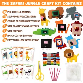 Safari Jungle Animals Sewing Kit Zoo Felt Animal DIY Crafts for Girls and Boys Educational Nursery Sewing for Kids Art Craft Kits for Beginners Set of 10