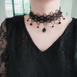 Inilbran Boho Flower Lace Choker Necklace Vintage Teardrop Crystal Clavicle Necklace Gothic Lace Necklace Black Waterdrop Cz Pendant Necklace Choker Jewelry for Women and Girls(Style A)