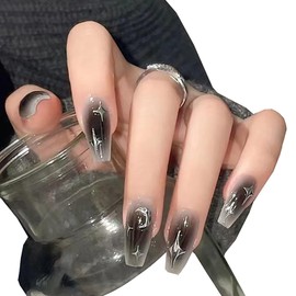 LUYING Nail Tips, Press-On Nails, Stylish Black Long, Easy-Off Nails, Beads, Cosplay Nails, Nail Art, Cute Ladies Spring Summer Nails, 24-piece Set, Korean Grid Style, Mass Production Type, Stylish