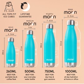 Moon Bottles - Insulated Water Bottle That Lasts Forever - 18/8 Stainless Steel Vacuum Flask - Double Walled Drink Bottle - Thermal Metal Flasks, Leakproof, 24hrs Cold & 12 Hot (260ml, Aqua Green)