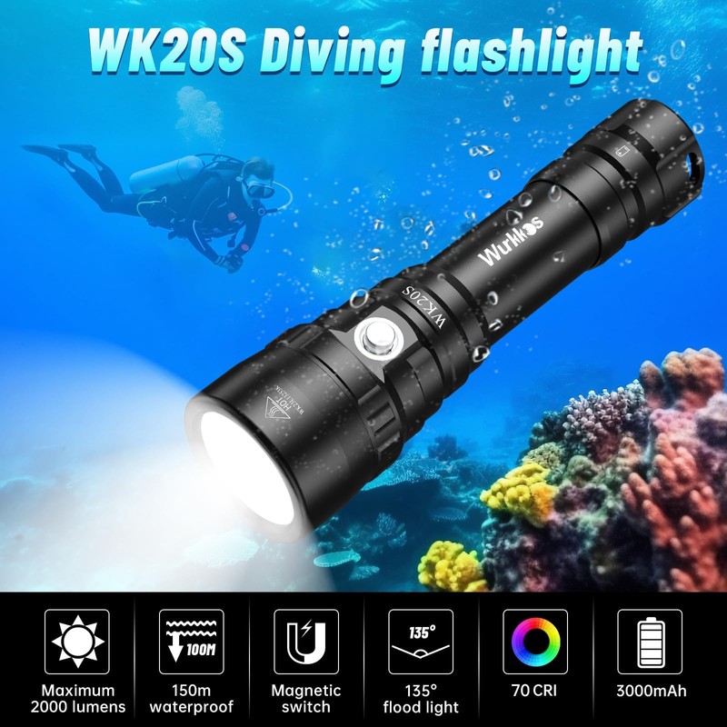 Wurkkos WK20S Scuba Diving Flashlight,2000 Lumen Dive Flashlight 363M Long