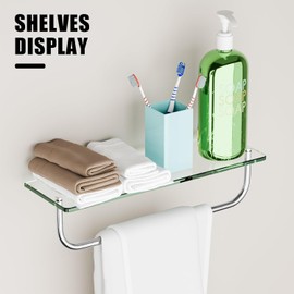 16" W x 5" D x 0.3" H - Bathroom Glass Shelf, Shelf with 15" Towel Bar Tempered Glass Shower Storage, 304 Silver Stainless Steel Brushed Finish Wall Mount