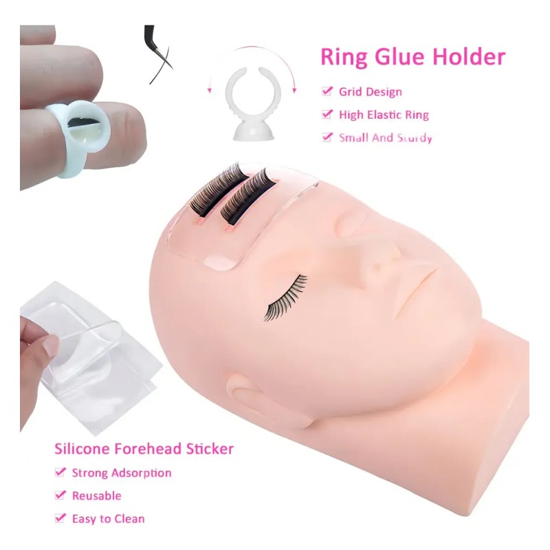Kit Práctica Extensión Pestañas Rosa Curva C Maniquí Pinzas Cepillos