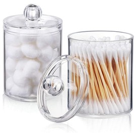 Dasing Pack of 2 Acrylic Qtip Holder, Container Organiser, Cotton Pad Dispenser for Cotton Bulb, Transparent Cotton Pad Holder Storage with Lid for Canister Storage