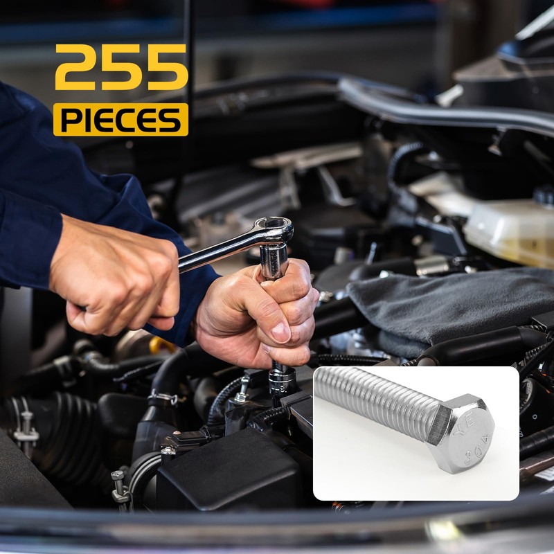 Homwin 255Pcs Stainless Steel Bolts and Nuts Kit, 1/4-20, 5/16-18,