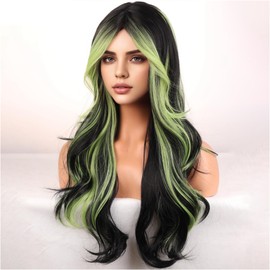 WTHCOS Black Green Ombre Wig Long Curly Wavy Wig With Bangs for Women Girls Heat Resistant Synthetic Hair Wigs for Daily Use Cosplay Wig With Wig Cap
