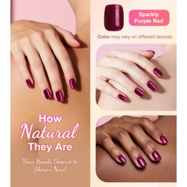 Morily Sparkly Purple Red Press on Nails Short, Square Shaped Glitter Fake Stick on Nails for Women in 16 Sizes, 32 Pcs Reusable Full Cover Artificial False Fingernails