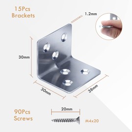 Gorffy Angle Brackets 15 Pcs, L Bracket 30 x 30 x 38 x 1.2 mm, Stainless Steel Sleeper Brackets with 90 Screws, Heavy Duty Right Angle Corner Brackets for Wood, Metal Corner Braces for Fixing Timber