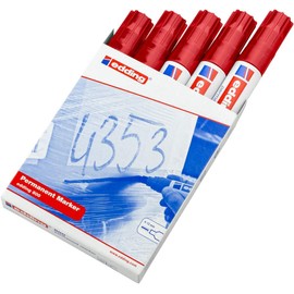 edding 800 Permanent Markers - Red - 5 Pens - Wedge Tip 4-12 mm - for Wide Markings - Waterproof, Quick-Drying, Smudge-proof - for Cardboard, Plastic, Wood, Metal, Glass