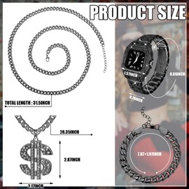 Equsion 9 Pcs Hip Hop Jewelry Set Dollar Sign Pendant Necklace Bracelet Diamond Watch Punk Sunglasses Lucky Rings for Men(Black,Square Dial)