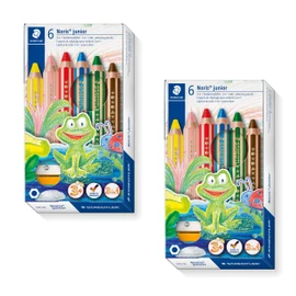 Staedtler Noris Junior 140 C6 2 3-in-1 Colouring Pencils (Colourful, Wax and Watercolour Pencil, Extra Shatterproof, Ideal for Children, for Many Surfaces, Cardboard Case with 6 Colours Including