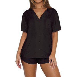 LACOZY Women's Cotton Pyjamas Set, Button Down Soft Pj's Sets Short Sleeve Top and Shorts for Summer Loungewear Sleepwear Black M