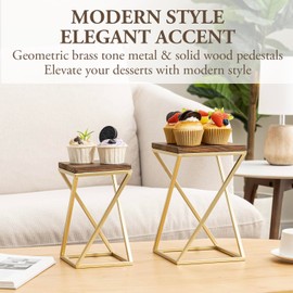 MyGift Dessert Riser Stands, Modern Twisting Geometric Brass Tone Metal and Solid Wood Pedestal Racks for Food, Merchandise, Desserts, 2 Piece Set
