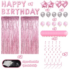 Pink Birthday Decorations, Happy Birthday Banner, Confetti Balloons, Fringe Curtain, Heart Star Foil Balloons, Hanging Swirls for Women Girls Birthday Princess Party Decorations