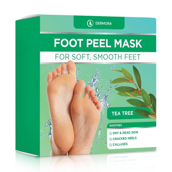 DERMORA Foot Peel Mask - 3 Pack of Regular Size Skin Exfoliating Foot Masks for Dry, Cracked Feet, Callus, Dead Skin Remover - Feet Peeling Mask for baby soft feet, Tea Tree Scent