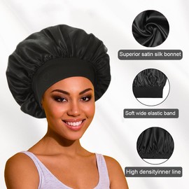 TEOZBLU Satin Cap, Silk Hair Wrap for Sleeping, Soft and Comfortable Silk Sleep Cap, Non-Slip Silk Head and Hair Cover, Night Hat for Curly Hair with Elastic Band, Black