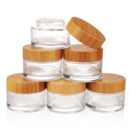 COSIDEA 6 Empty 50g Round Clear Jars with Bamboo Lids Bamboo Cream Jar Refillable Cosmetic Travel Container for Lip Balm Ointments Lotions
