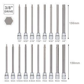 Mayouko 3/8" Drive Extra Long Allen Hex Bit Socket Set, S2&CR-V, Metreic&SAE, 18 Pieces, 1/8" - 3/8", 3-10 mm