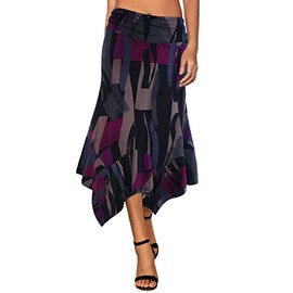 DJT Women's Ruched Elastic Waist Soft Flowy Handkerchief Hem Midi Swing Skirt XL Black Purple Painting