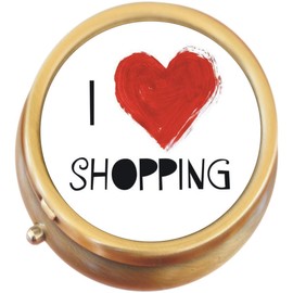 I Love Shopping Brass Round Pill Box
