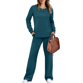 WIHOLL Women's Two Piece Sets Fall Long Sleeve Travel Outfits Trendy Lounge Tracksuit Winter Wide Leg Sweatpants Matching Sweat Set Blue XL
