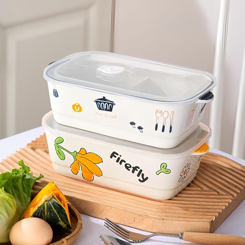 Ceramic Lunch Box with Compartment, Lunch Box with Lid, White