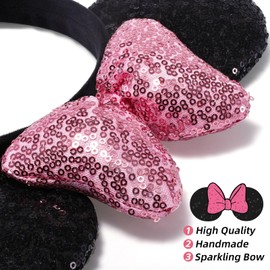 ODOCARE Handmade Mouse Ears Headband for Women and Girls, Polka Dot Bow Mouse Ears Costume Accessories(Shiny Pink)