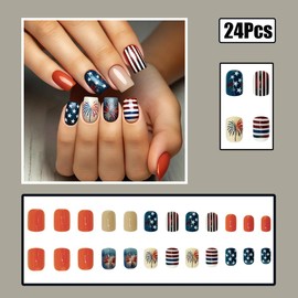 24Pcs Independence Day Press on Nails Short Square Fake Nails Star Firework Full Cover Stick on Nails Red Blue Stripe Acrylic Nails 4th of July False Nails Patriotic Artificial Nails for Women Decor