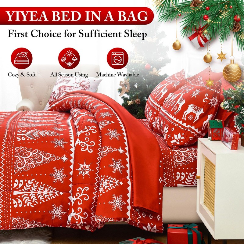 YIYEA Christmas Comforter Set, 7 Pieces Bed in a Bag,
