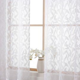 OWENIE Leyna White Sheer Curtains 90 Inches Long for Bedroom 2 Panels Set, Light Filtering Jacquard Clip Textured Long Semi Living Room Curtains, Airy Leaves Rod Pocket Farmhouse Drapery, 40Wx90L Inch