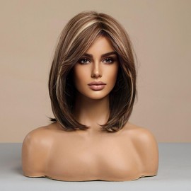 Bob Peluca de Cabello sintético para mujer, peluca corta natural recta sin pegamento Peluca de Longitud del Hombro de Uso diario,trabajo, Halloween, conciertos, fiestas temáticas, bodas, citas (Castaño con Mechas)