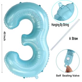 40 Inch Blue Large 0-9 Numbers Balloons,Digit 3 Helium Balloons,3rd Year Old Birthday Decor Foil Mylar Big Number Pastel Balloons for Birthday Party Anniversary Supplies Decorations (Blue 3)